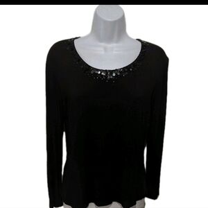 Lafayette 148 New York Sequin Neck Pullover Top Long Sleeve M Black Whimsigoth